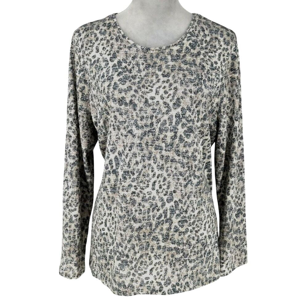 Chicos Sweater 3 Womens XL 16 Gray Ivory Metallic Knit Animal Print Coastal